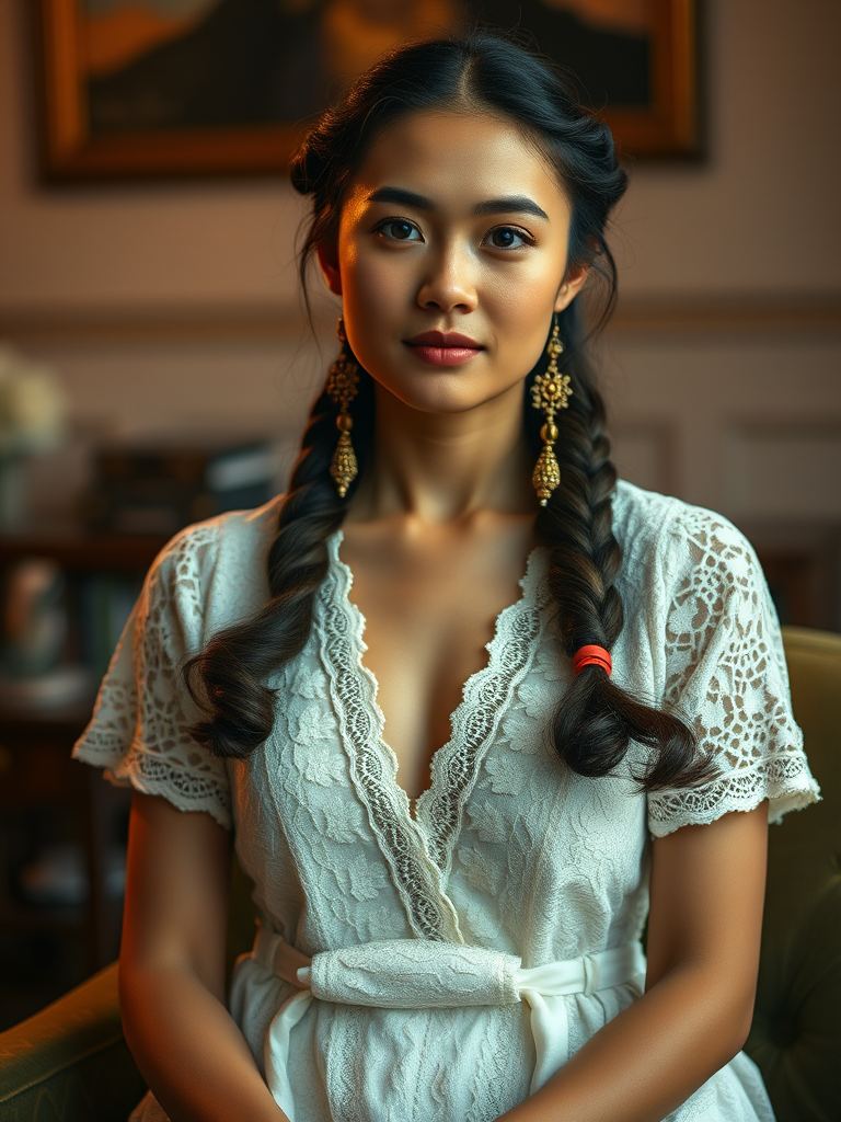 Create a portrait of a refined and elegant Tibetan woman seated in a sophisticated setting. She has long, wavy hair styled in two thick braids that are pulled over her shoulders. She wears a white, lace gown with intricate patterns, featuring a deep V-neckline and short sleeves. The dress exudes a vintage charm with its delicate lacework. She is adorned with ornate, dangling earrings that add a touch of glamour to her appearance. The background is softly lit, with warm, ambient lighting that creates a cozy and inviting atmosphere. Her expression is poised and serene, capturing a sense of grace and elegance.