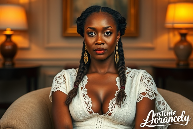 Create a portrait of a refined and elegant Aboriginal Australian woman seated in a sophisticated setting. She has long, wavy hair styled in two thick braids that are pulled over her shoulders. She wears a white, lace gown with intricate patterns, featuring a deep V-neckline and short sleeves. The dress exudes a vintage charm with its delicate lacework. She is adorned with ornate, dangling earrings that add a touch of glamour to her appearance. The background is softly lit, with warm, ambient lighting that creates a cozy and inviting atmosphere. Her expression is poised and serene, capturing a sense of grace and elegance.