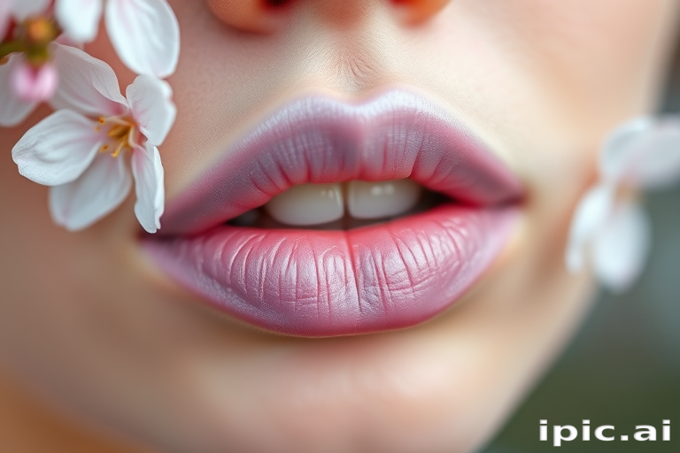 Delicate pastel lilac lips with a frosted finish, ethereal and dreamy, evoking the softness of spring blossoms in full bloom