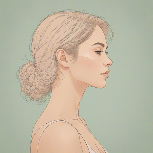 Create a minimalist line art illustration of a woman in profile against a solid pastel background, using a Canon EOS R5 with a 50mm f/1.2 lens, aperture set to f/2.8, ISO 100, and a soft focus effect for smooth skin tones and gentle color gradients.
