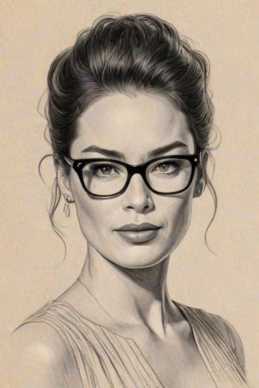 Comely Lena Headey, pencil sketch, portrait of Magnificent woman 1950s in glasses, hair style beatnik, outline, clear lines, fine lines, 8k