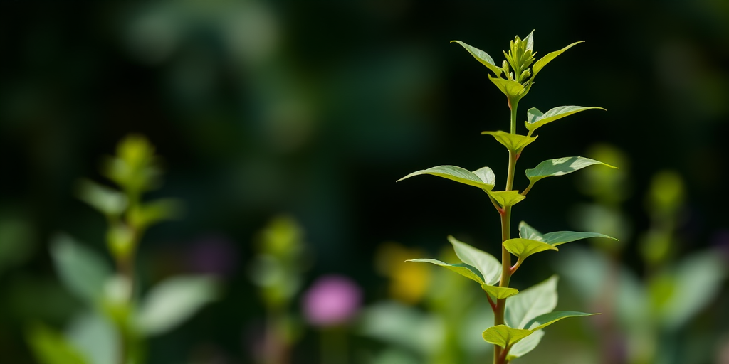 sharp focus on a tall green plant with vibrant leaves against a blurred background, 50mm f/1.8 lens, ISO 400, aperture f/2.8, natural daylight, DSLR camera, shallow depth of field