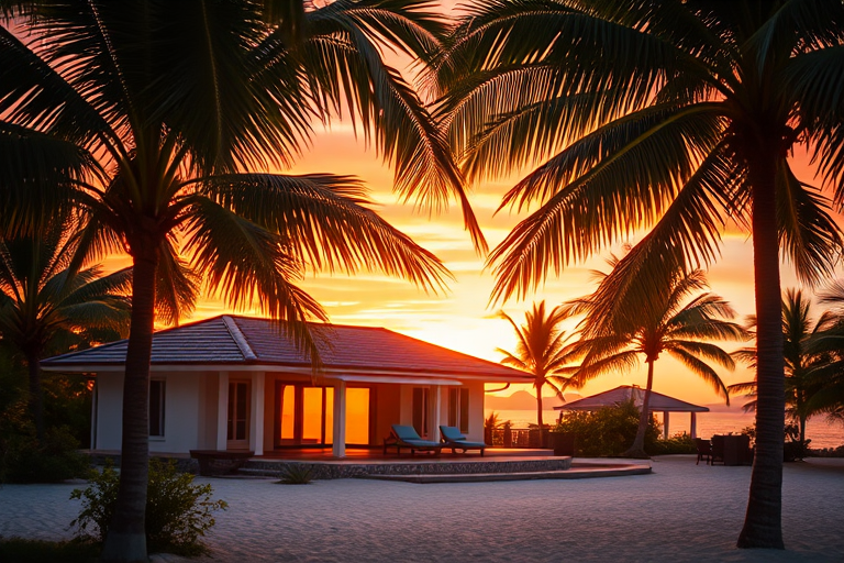 tropical beach villa at sunset, soft golden hour lighting, palm trees framing the scene, high dynamic range, 35mm lens, f/2.8 aperture, ISO 100, shallow depth of field, DSLR camera, vibrant colors and details