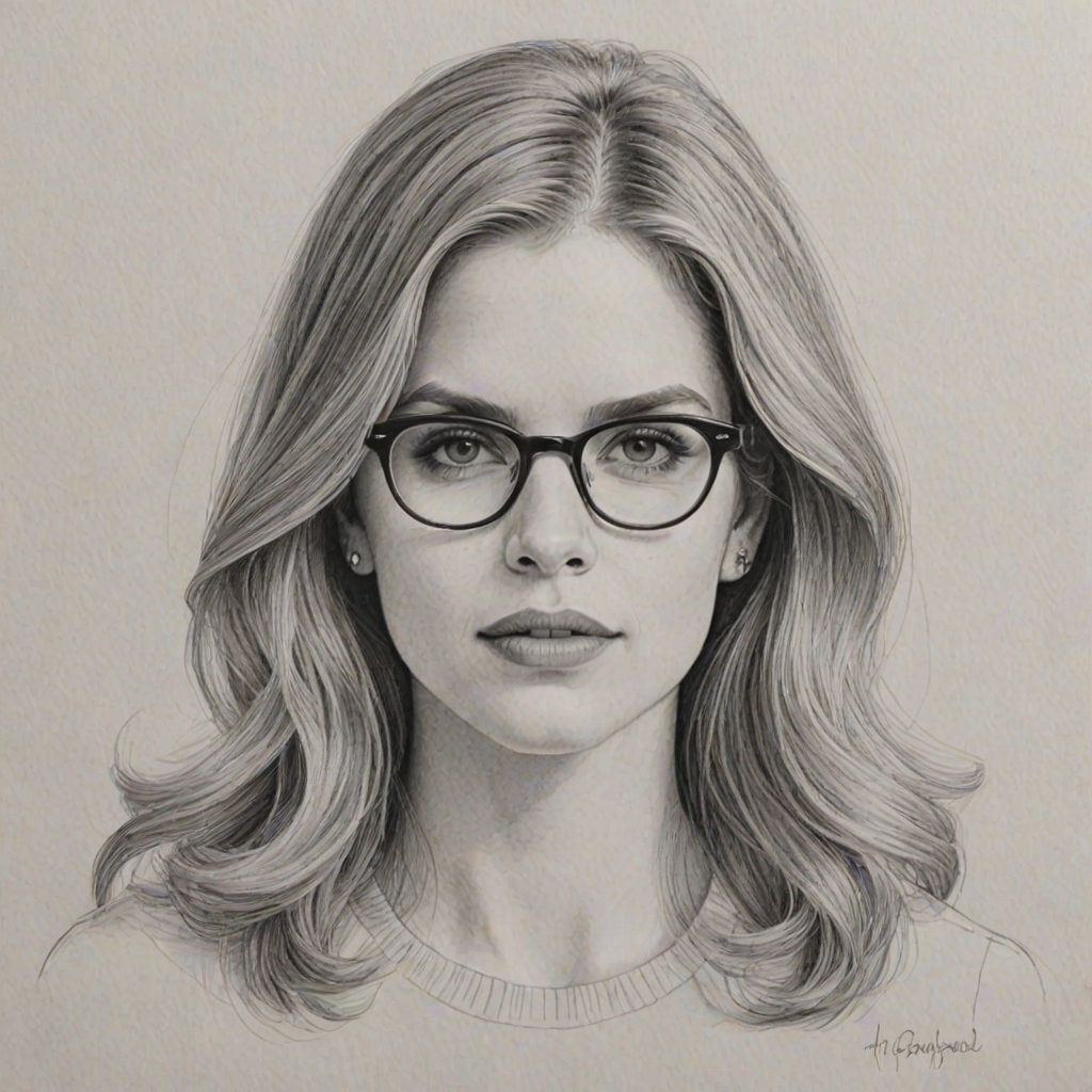 Lovely Anna Chlumsky, pencil sketch, portrait of Gorgeous woman 1968s in glasses, hair style beatnik, outline, clear lines, fine lines, 8k