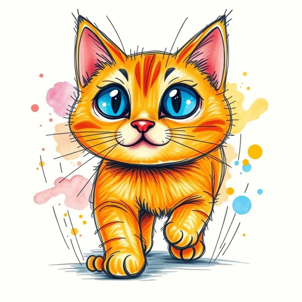 A vibrant childs coloured pencil drawn illustration of a bright orange cat with large, expressive blue eyes, a very cute style. The cat appears to be walking towards the viewer, surrounded by an abstract splash of colors and fine black lines, giving the image a dynamic and artistic flair. The background is a soft beige, highlighting the cat's vivid coloration and playful demeanor. Naively drawn scratchy line style.