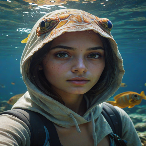 Realistic selfie image of a Burmese, wearing a vintage outfit, detailed dreamy eyes, droopy hooded eyes, staring at the camera, taken underwater at coral reef with a sunbeam filtering through the water, vibrant, summer vacation, natural lighting, turtle and school of tropical fish with vibrant colors, rendered in the style of CryEngine, Pegi Nicol MacLeod, with realistic genre scenes, hauntingly beautiful narratives, ultra-realism, and Thomas Saliot's close-up technique, 8K resolution, crystal clear and sparkling water.