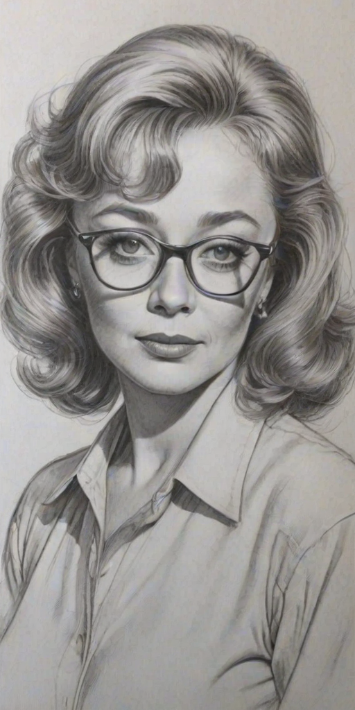 Elegant Glynis Johns, pencil sketch, portrait of Superb woman 1980s in glasses, hair style beatnik, outline, clear lines, fine lines, 8k