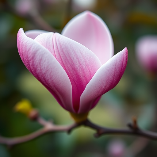 Capture a close-up of a pink magnolia flower bud on a branch with a blurred garden background, using a DSLR camera at f/2.8 aperture, ISO 100, 1/200s shutter speed, in natural light, and a macro lens for enhanced detail.