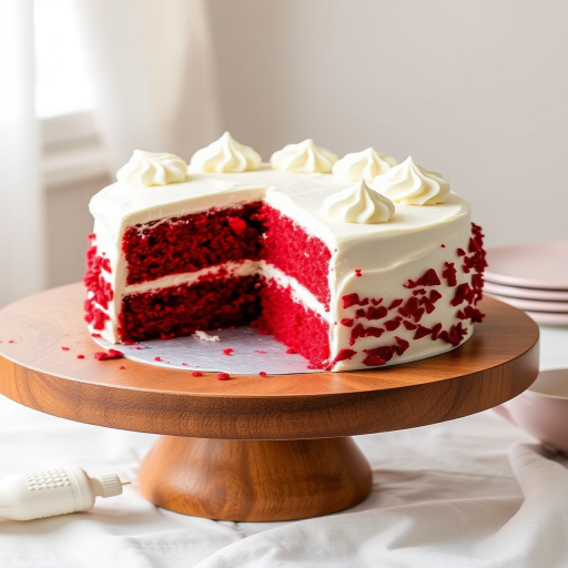 A beautifully decorated red velvet cake with white cream cheese frosting on a wooden cake stand, partially sliced to reveal the rich red interior, set against a light and airy background with soft natural lighting.