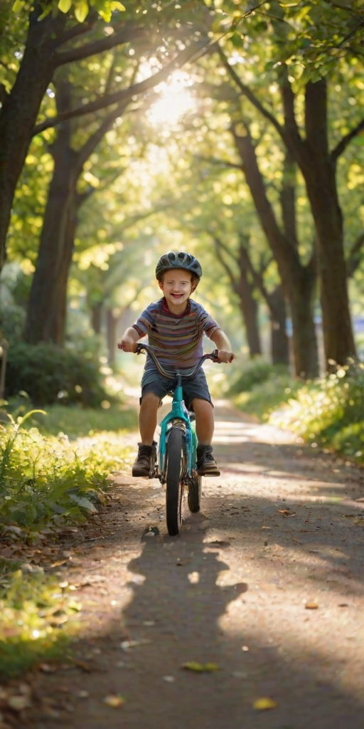 Blurry action shot of a young child riding a bicycle down a tree-lined path, sunlight filtering through the leaves, creating a playful and carefree atmosphere.