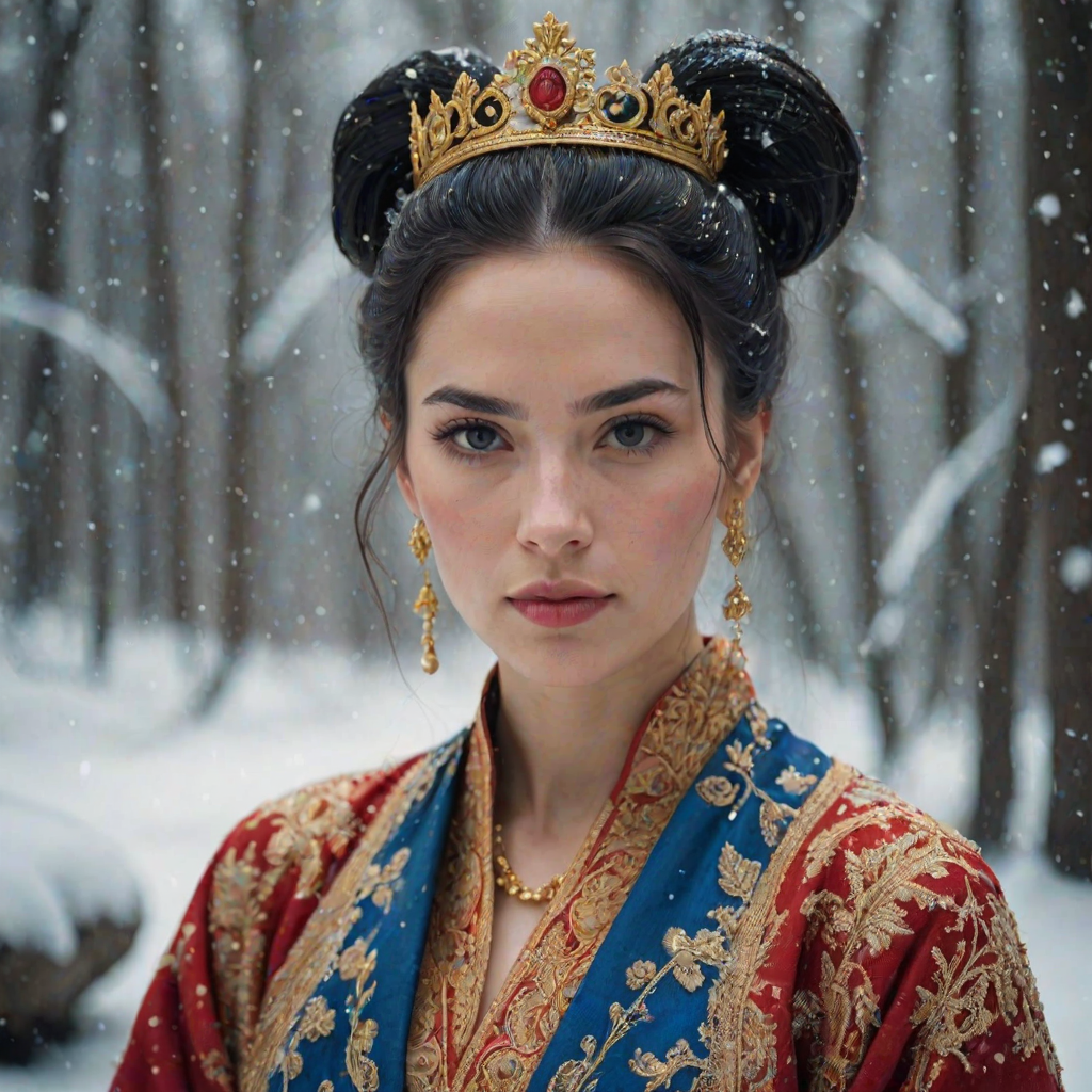 A young woman with long black hair styled in a high bun, adorned with a gold crown and intricate hair ornaments, stares intently at the viewer. She wears a vibrant red and gold embroidered robe with blue accents, a gold belt with a large ornate buckle, and a blue and gold shoulder piece. The woman is positioned in the center of the frame, with the background blurred and filled with falling snow. The image has a soft, ethereal feel with a focus on the woman's face and attire, creating a portrait-like composition. The colors are rich and saturated, with the red, gold, and blue of the clothing standing out against the muted blue and white of the snowy backdrop. The lighting is soft and diffused, casting a warm glow on the woman's face.  The overall mood is elegant and mysterious.  The details of the woman's attire, especially the intricate embroidery and embellishments, add a sense of opulence and grandeur.  The falling snow further enhances the sense of winter magic and wonder.