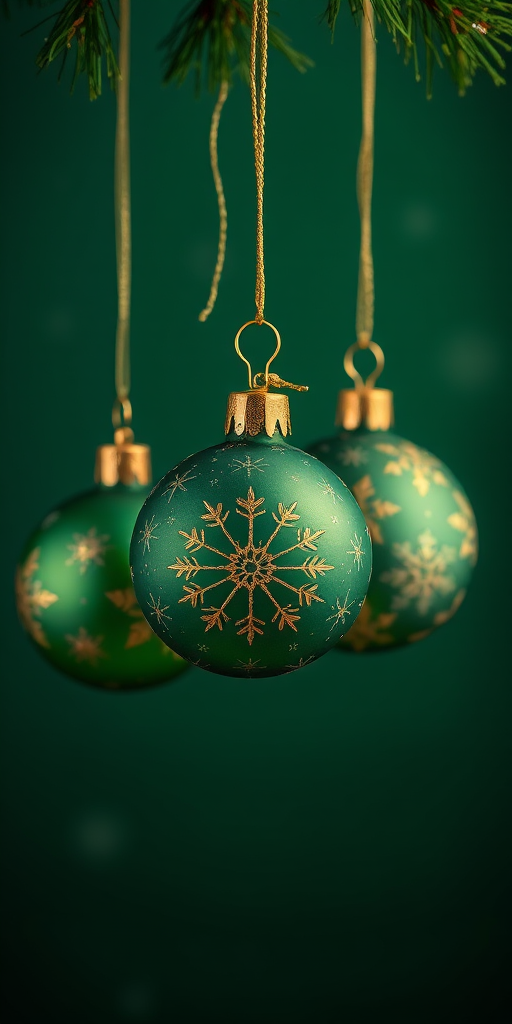 regenerate a festive Christmas scene with three green ornaments featuring gold star and snowflake patterns hanging against a deep green background, with subtle twinkling stars, use a DSLR camera, f/2.8 aperture, ISO 100, 50mm lens, shallow depth of field, soft focus, high resolution