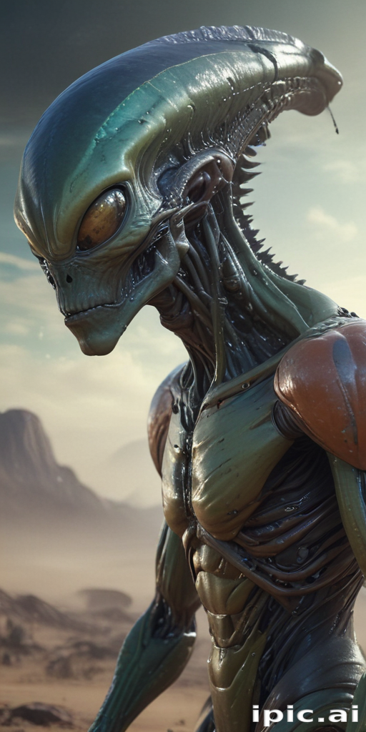 Alien Features Inspiration Futuristic Alien Figure with Metallic Features in a Sci-Fi Landscape