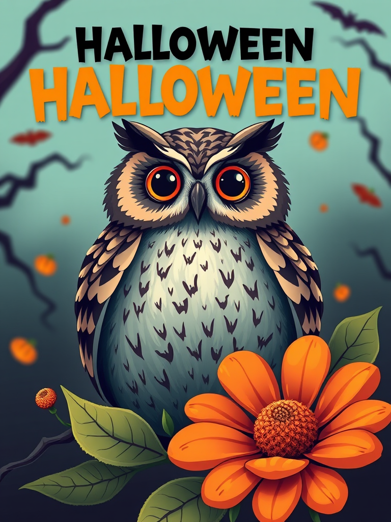 Create a vibrant Halloween-themed graphic featuring a large, playful owl and a cheerful flower with bold, contrasting colors, shot in high resolution with a 50mm lens at f/8, ISO 100, in natural daylight, using a digital camera for enhanced image clarity and detail.