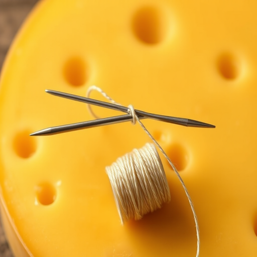 Create a minimalist illustration of a sewing needle and thread with a slice of cheese in the background, use a Canon EOS R5 with a 50mm lens, aperture f/1.8, ISO 100, natural lighting, and a flat lay perspective to enhance image quality.
