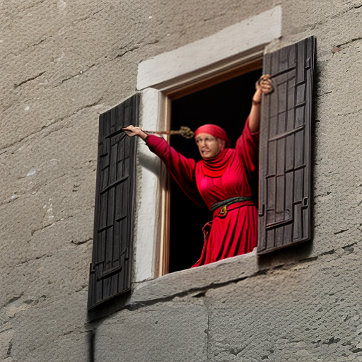 Rahab letting out the spies down a piece of rope out of her window
