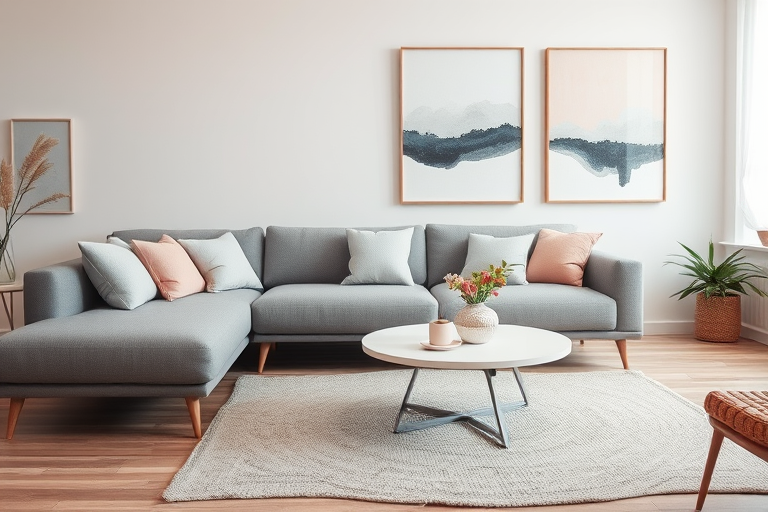 Capture a modern minimalist living room with a gray sofa adorned with pastel cushions, a round white coffee table with a floral arrangement, soft textured rug, and two large abstract paintings on the wall; use a DSLR camera with a 35mm lens, aperture set to f/2.8 for a shallow depth of field, ISO 200, and natural light for soft illumination.