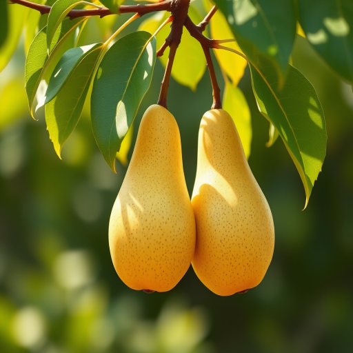 Create a realistic illustration of two pears hanging from a branch with green leaves, soft natural lighting, 50mm lens, f/2.8 aperture, shallow depth of field, high-resolution digital artwork.