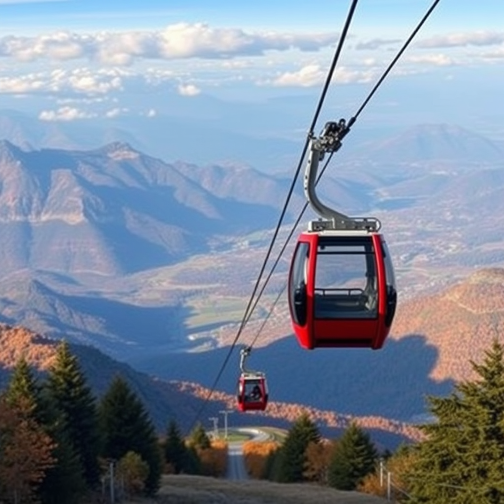 Regenerate the image of a red cable car ascending a mountain with a picturesque view of valleys and autumn foliage in the background, using a DSLR camera, 24mm lens, f/8 aperture, ISO 200, and a panoramic view to enhance detail and depth.