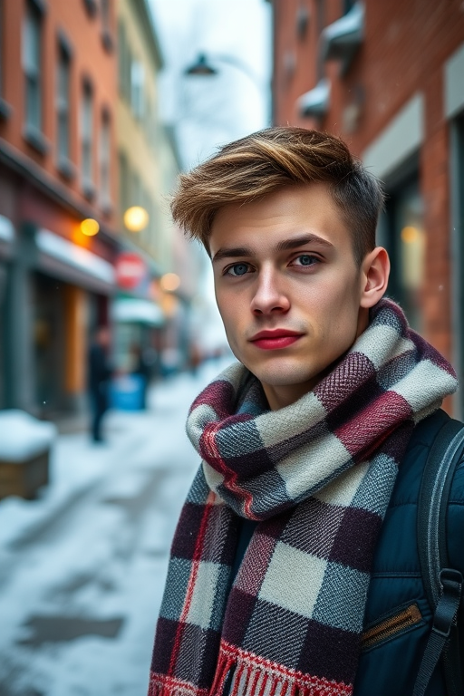 Create a winter street scene with a young man wearing a plaid scarf in a snowy alley, focus on vibrant colors and sharp details, daylight setting, 50mm lens, f/1.8 aperture, ISO 200, capturing a shallow depth of field, shot with a DSLR camera for high image quality.