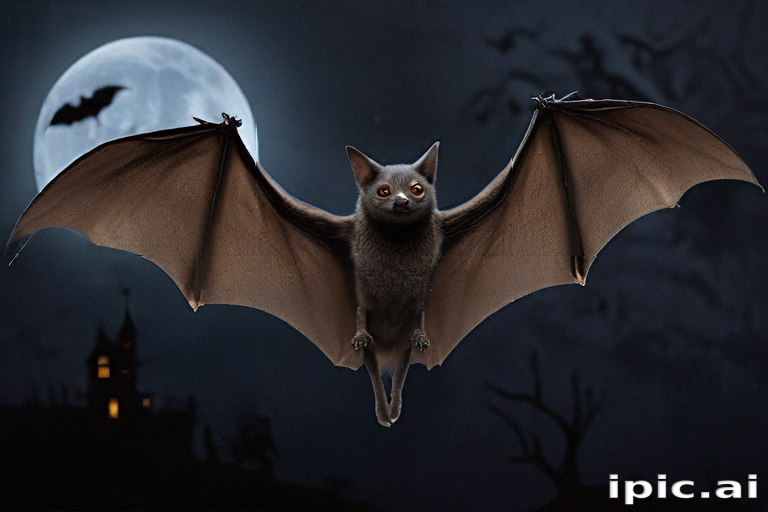Whimsical Bat with Cat Features Flying Under a Full Moon Night Sky