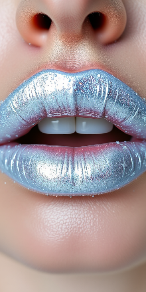 Icy white-silver lips in "Frost Queen" style, with a metallic finish and holographic snowflake-shaped glitter, creating a wintry and ethereal effect