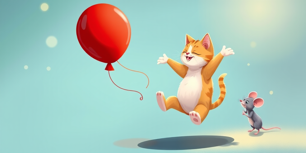 Create a whimsical illustration of a playful cat jumping for a red balloon, with a cute mouse observing from the side, using a soft focus, vibrant colors, 50mm lens, f/2.8 aperture, shallow depth of field, and high dynamic range to enhance contrast and brightness.