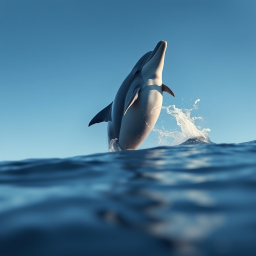 Create a high-resolution image of a dolphin leaping gracefully out of the water, captured with a Canon EOS R5 camera, 50mm lens, f/2.8, ISO 100, at a 1/250 sec shutter speed, from a low angle view to emphasize the dolphin's movement against a bright blue sky.