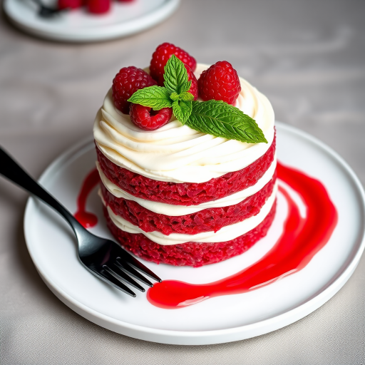 A luxurious, round layered dessert with alternating white cream and rich raspberry-colored cake layers. The top is garnished with fresh raspberries and a sprig of mint, giving a vibrant and fresh touch. The dessert is served on a white plate with a modern swirl of raspberry sauce elegantly draped around it. The background is softly blurred to focus attention on the dessert, and a black fork is placed beside it for a sleek, sophisticated presentation.
