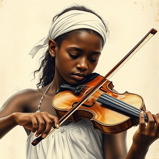 a young Afro-Caribbean woman with a white headband playing a violin, in the style of a charcoal drawing, sepia grunge background