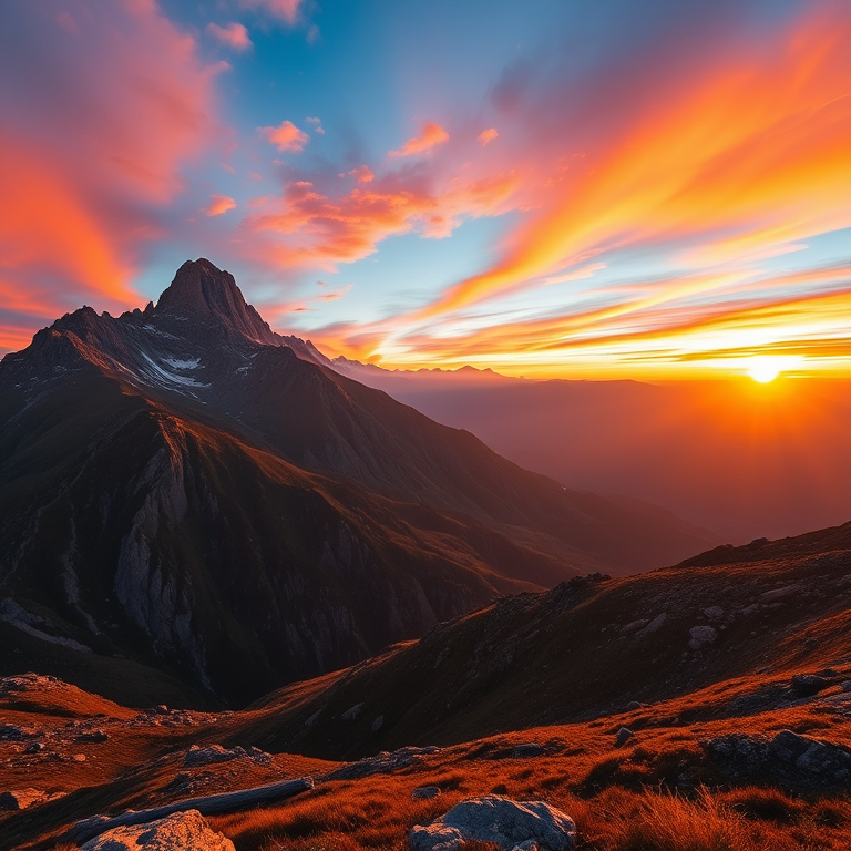 Create an image of a serene mountain landscape during sunrise with vibrant colors in the sky, using a Nikon D850 camera, ISO 100, f/11 aperture, 24mm lens, shot in landscape orientation, capturing a wide-angle view for depth and clarity.