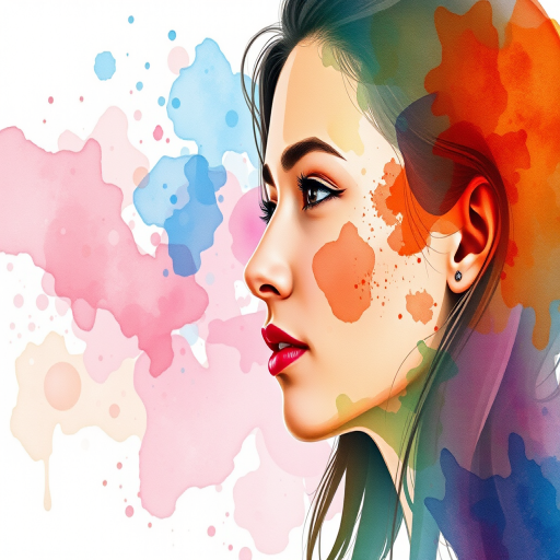 Create a watercolor portrait of a person in profile with abstract color splashes blending into the background, using a DSLR camera with 50mm lens, f/1.8 aperture, 1/200s shutter speed, and natural lighting for enhanced detail and richness in color.