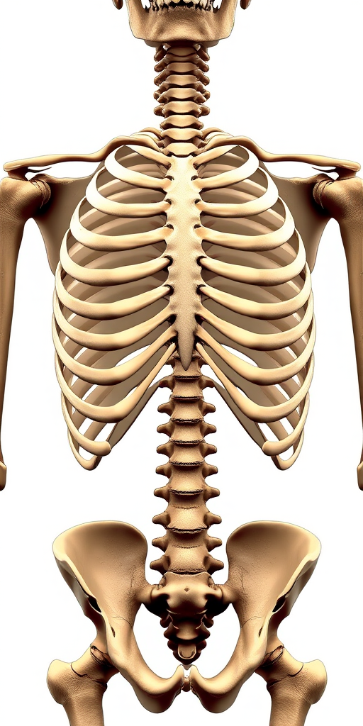 create a highly detailed illustration of a human ribcage viewed from the front, using a digital art style, focusing on anatomical accuracy and shading, with a resolution of 300 DPI, taken with a DSLR camera at f/8 aperture, ISO 100, 50mm lens, in a well-lit studio setting.