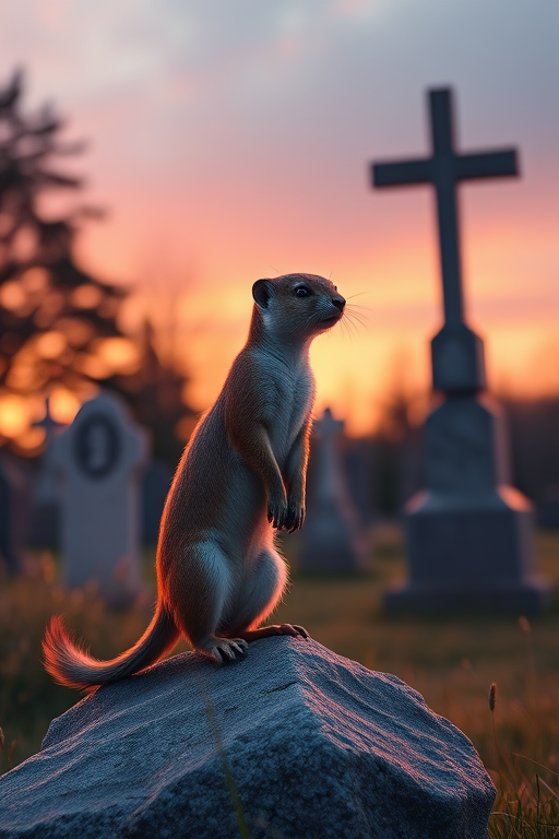 Generate an illustration of a weasel standing on a stone in a serene graveyard with a cross in the background, vivid color palette with soft gradients, cinematic view, shot with a DSLR camera at f/2.8 aperture, ISO 100, 50mm lens, emphasizing depth of field and rich textures.