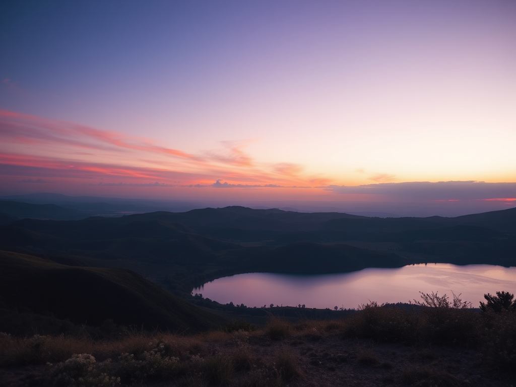 Create a high-resolution image of a serene landscape featuring rolling hills and a calm lake during sunset, with warm golden and purple hues in the sky, captured with a DSLR camera, 50mm lens, f/1.8 aperture, ISO 100, and a shutter speed of 1/200 seconds, from a low angle view to emphasize the foreground.