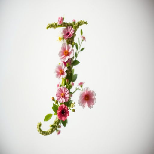 Regenerate an artistic representation of the letter J with floral elements, using a high-resolution DSLR camera set to f/2.8 aperture, ISO 100, and a shutter speed of 1/125s, captured from a close-up view with a soft focus background to enhance the details and vibrancy of the design.