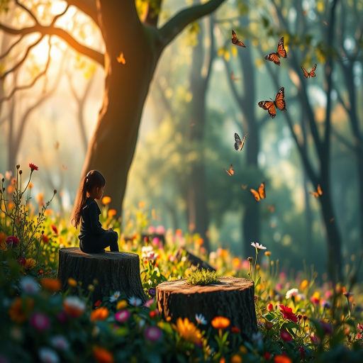 Create a highly detailed, vibrant fantasy forest scene with a silhouette of a girl sitting on a tree stump surrounded by colorful butterflies and lush flowers, captured with a DSLR camera at f/2.8, ISO 100, 50mm lens, in soft focus to enhance the ethereal quality.