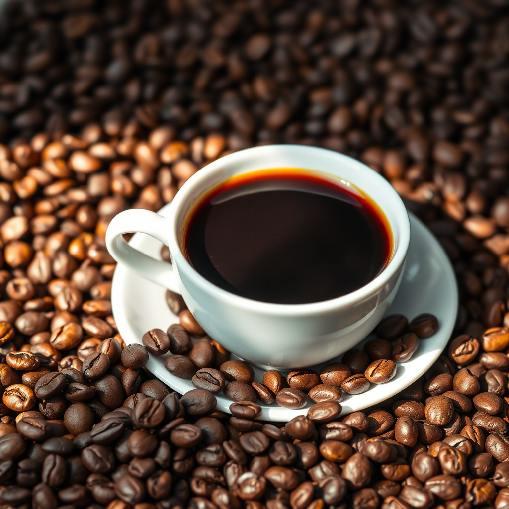 A close-up shot of a white coffee cup filled with dark coffee placed on a saucer, surrounded by an abundance of glossy roasted coffee beans, taken with a DSLR camera at f/2.8 aperture, ISO 100, shutter speed 1/125s, in natural light for a warm, inviting atmosphere.