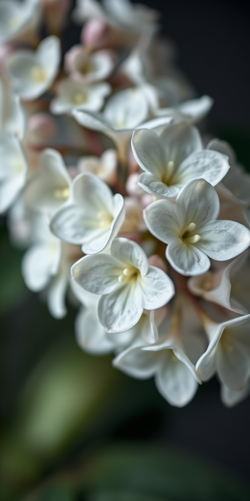 close-up of white lilac flowers on a dark blurred background, f/2.8, 1/200s, ISO 100, macro lens, DSLR camera, soft focus style