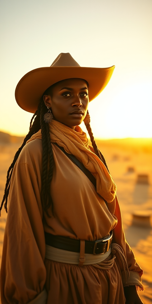 Dramatic photo of a beautiful Nubian woman, classic cowboy attire, confident and free spirit expression, half-length portrait, centered, golden hour desert landscape, warm, diffused light, low angle, medium format film camera, in style of Annie Leibovitz.