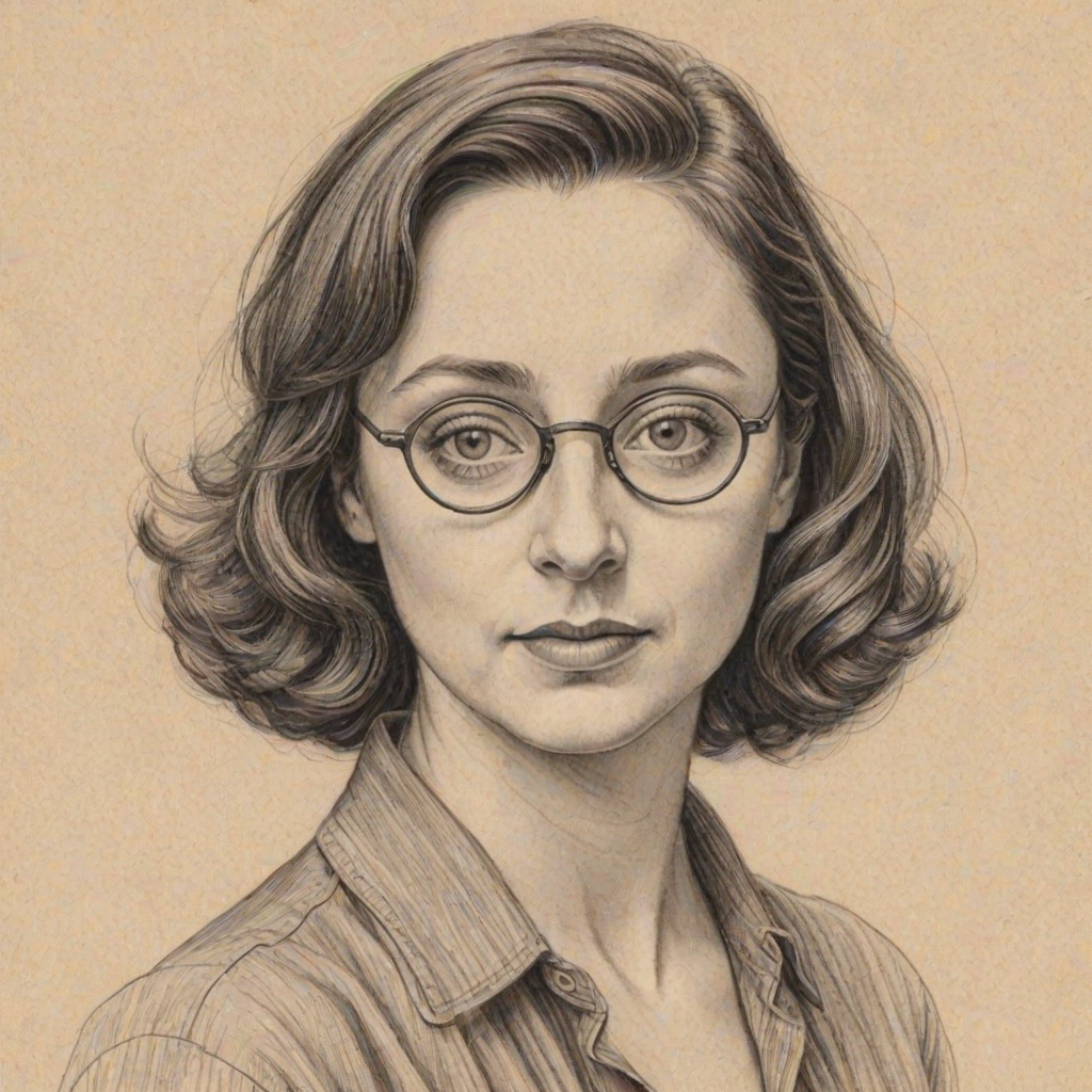 Comely Rachel Dratch, pencil sketch, portrait of Gorgeous woman 1934s in glasses, hair style beatnik, outline, clear lines, fine lines, 8k