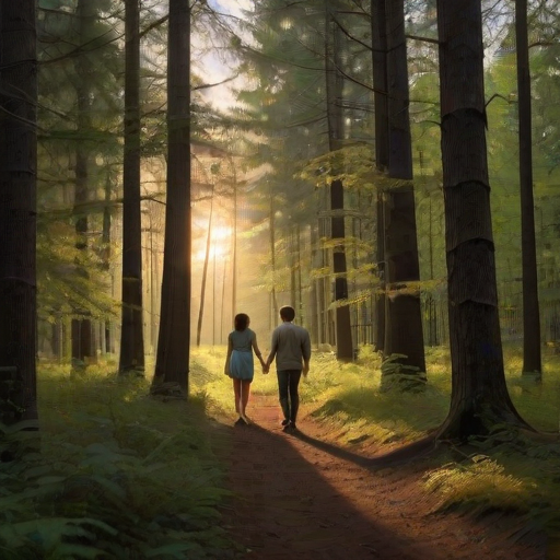 Warmly lit image of a couple walking hand-in-hand through a quiet forest at twilight, soft glow from the setting sun casting long shadows, with distant fireflies flickering in the air.