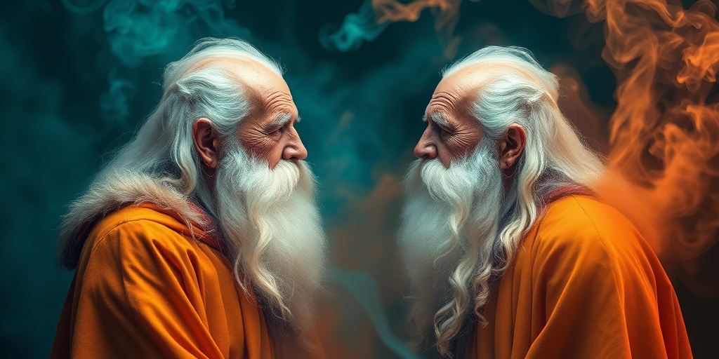Create an ethereal portrait of two wise, elderly figures with flowing white beards, facing each other, surrounded by swirling smoke and vibrant colors of orange and teal, using a DSLR camera with a 50mm lens, aperture f/1.8, shutter speed 1/125s, ISO 200, in a soft-focus style to enhance depth and texture.