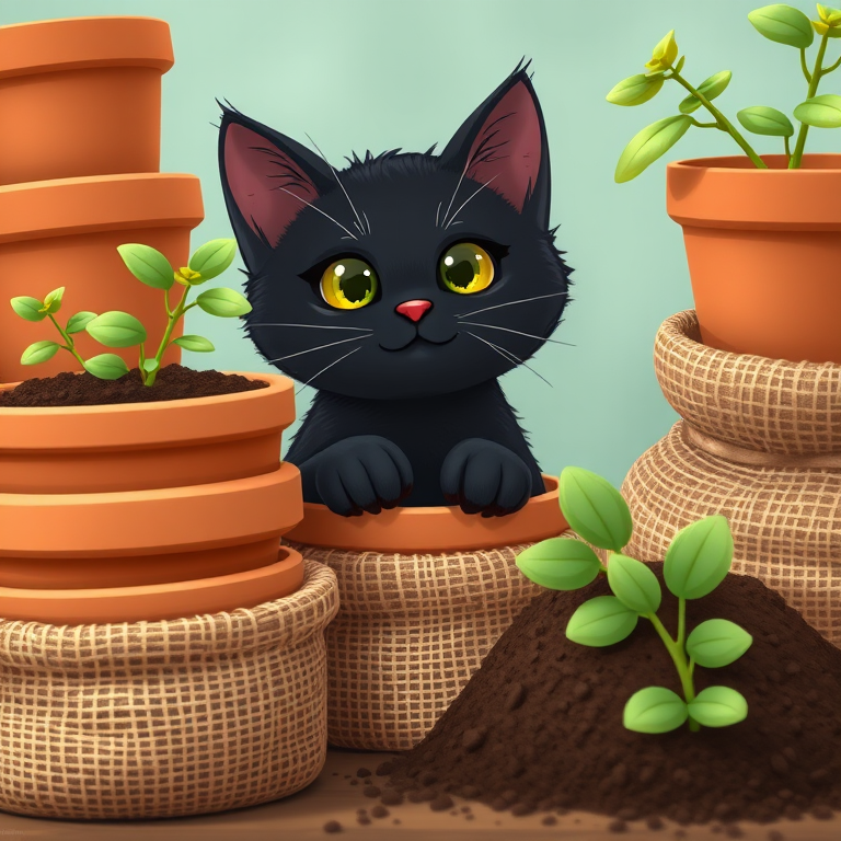 Create a playful cartoon scene featuring a cute black cat peeking from behind a stack of terracotta plant pots next to a burlap sack of chocolate soil, with a soft focus background; use a Canon EOS 5D Mark IV, f/2.8, ISO 200, 50mm lens, and a top-down view for a whimsical perspective.