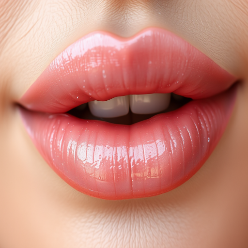 Enchanting close-up of pearlescent rose quartz lips with a dewy finish, emphasizing a soft, romantic glow and natural luminosity