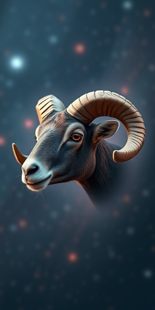 Create a high-resolution image of a ram's head emerging from a cosmic background, using a DSLR camera with a 50mm lens, aperture set to f/1.8, ISO 100, shutter speed 1/200s, at eye level for a sharp focus on the ram and soft bokeh effect in the background.
