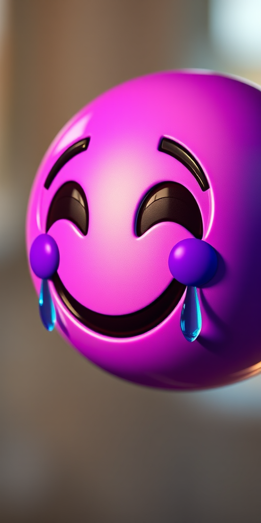 Create a vibrant and glossy emoji of a smiling face with tears, using a soft focus background, captured with a Canon EOS R5, f/2.8 aperture, 50mm lens, in natural light for a warm ambiance.