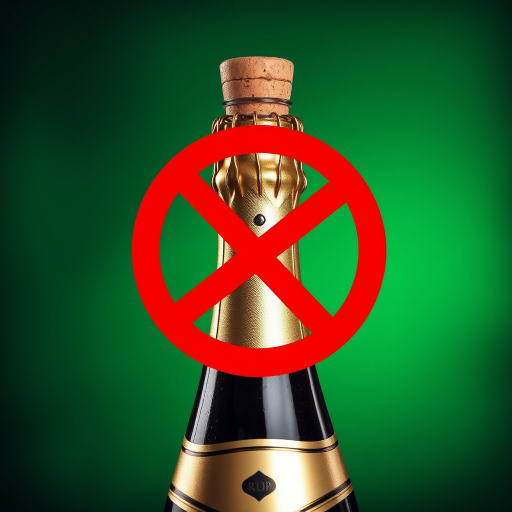Generate an image of a champagne bottle with a cork, surrounded by a bold red prohibition circle, using a DSLR camera, 50mm lens, f/2.8 aperture, ISO 100, 1/125 sec shutter speed, with high contrast and vibrant colors.