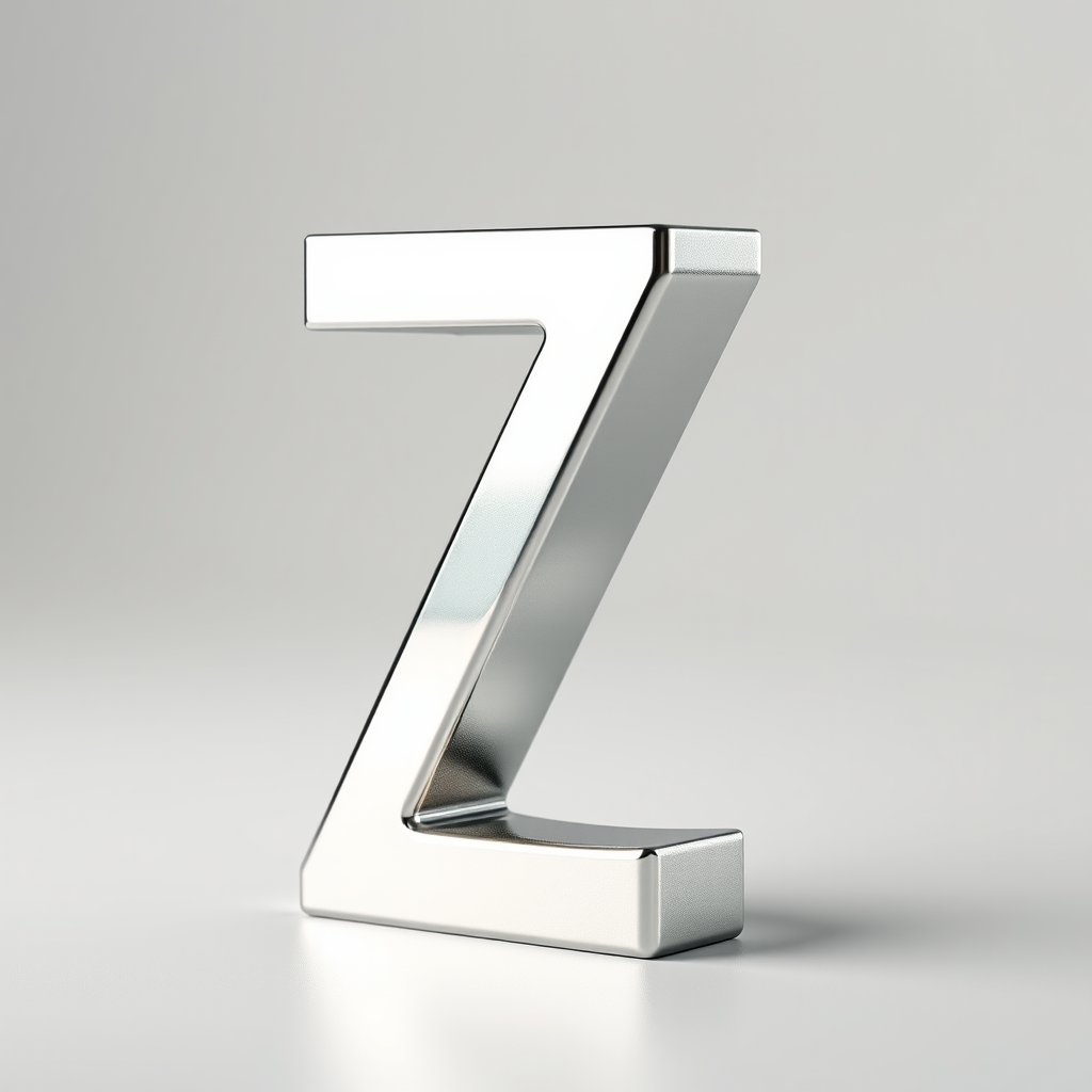 Create a high-resolution image of a 3D silver letter Z with a reflective surface, using a DSLR camera with an aperture of f/8, ISO 100, and 50mm focal length, in a studio setting with soft lighting for enhanced detail and clarity.