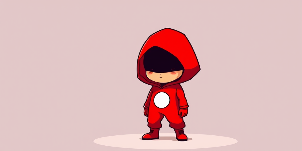 Create a minimalist cartoon character wearing a bright red hooded jumpsuit with a round white emblem on the face, captured in high resolution, using a DSLR camera with a 50mm lens, aperture set to f/2.8, ISO 100, and soft, diffused lighting for a vibrant color palette.